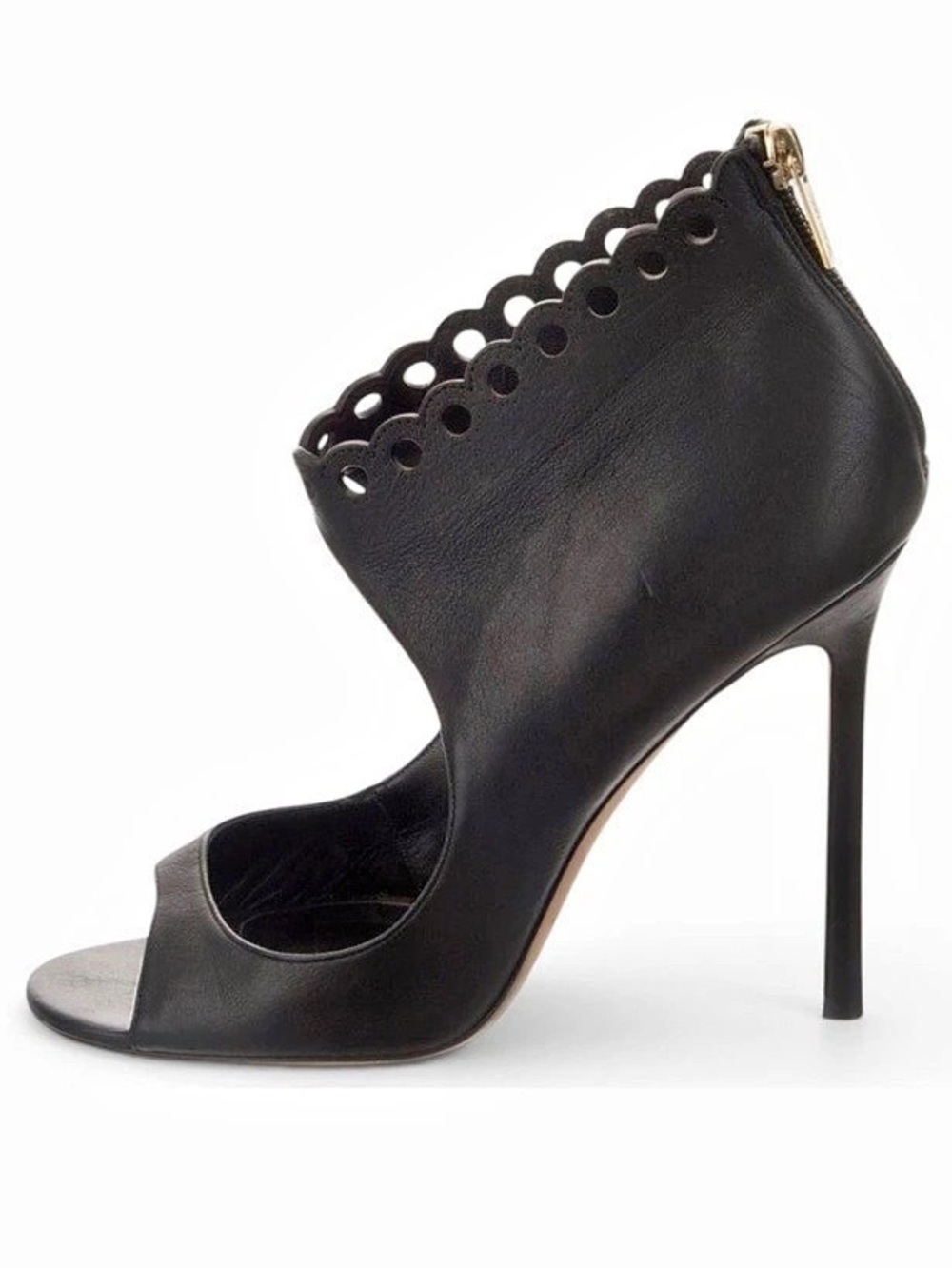 Jimmy Choo Black Leather Scalloped Peep Toe Booties